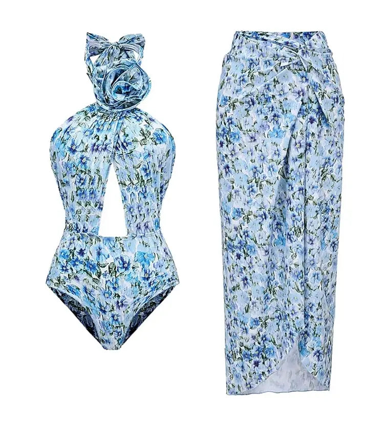 Halter Floral Strapless One-Piece Set