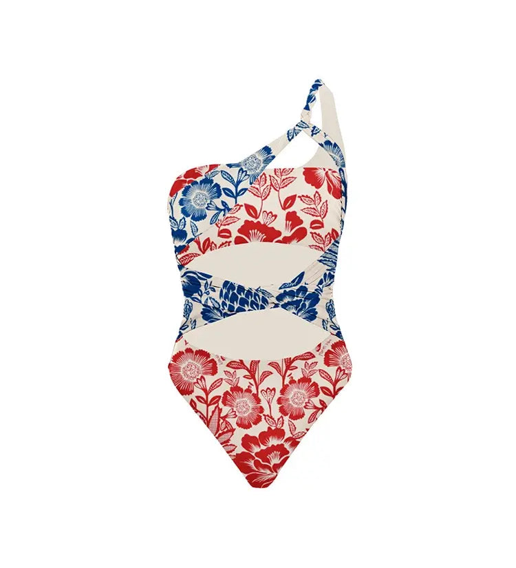 Red Blue Patchwork Ethnic Print Swimsuit
