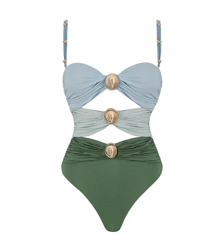 Morandi Green Colorblock High-Waist Swimsuit Set