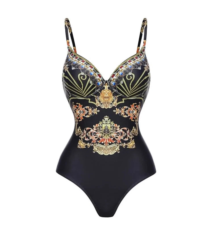 Black Gold Print Strappy One Piece Swimsuit
