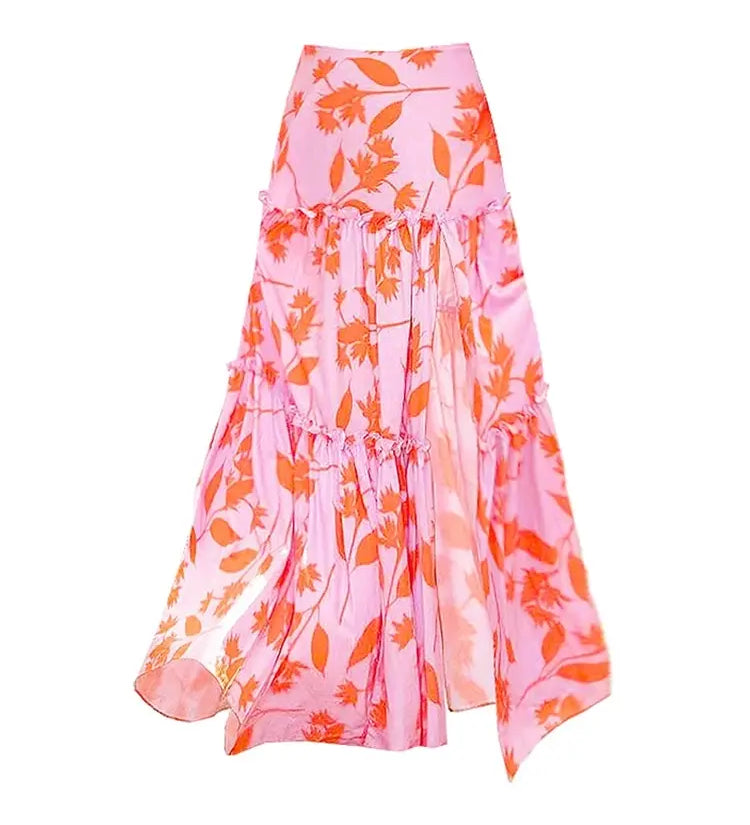 Ruffle Trim Beach Vacation Printed Swimsuit Set