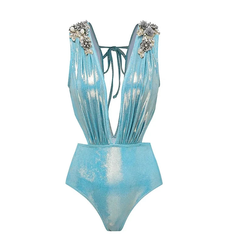 3D Butterfly Blue Glossy Swimsuit Set