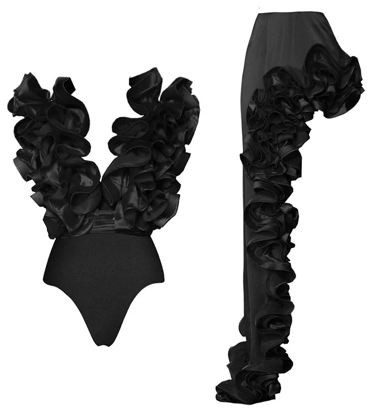 Ruffle V-Neck Black Swimsuit