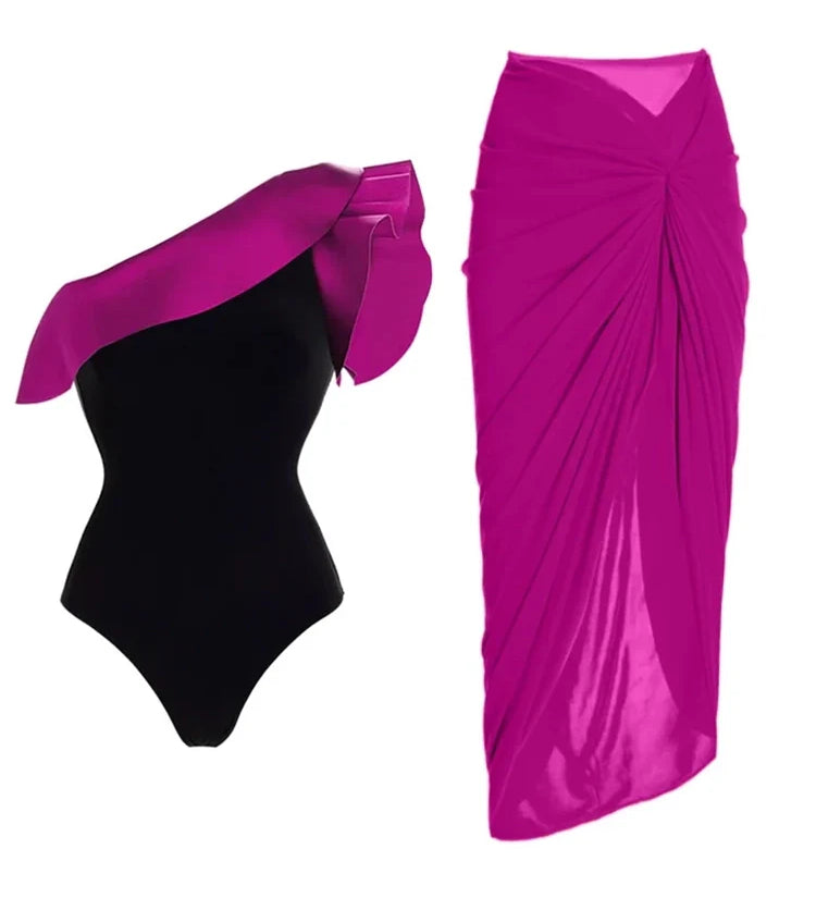 Ruffle Colorblock Retro One Piece Swimsuit