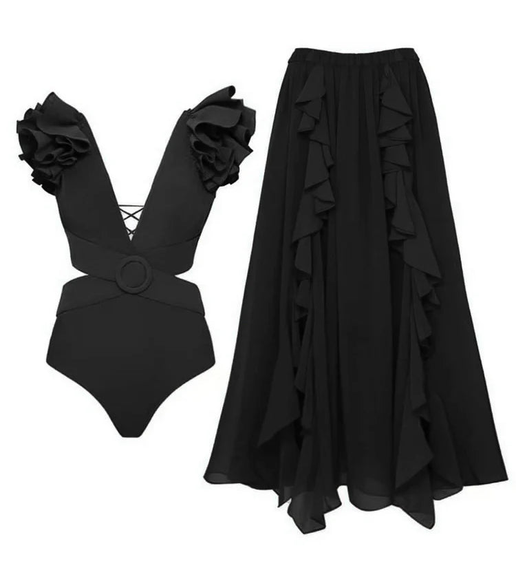 3D Floral Shoulder Detail Hollow Black Set