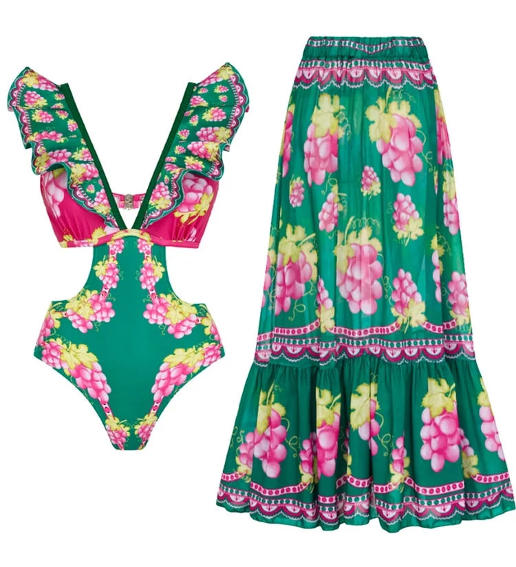 Ruffled Cutout One-Piece Maxi Skirt Set