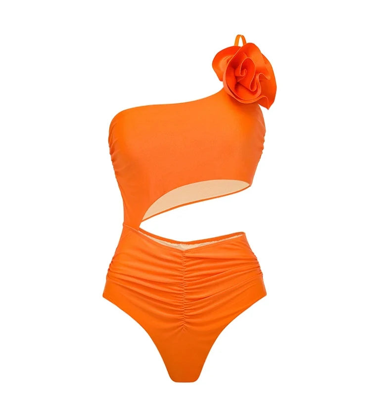 3D Floral Glossy Solid Swimsuit Set
