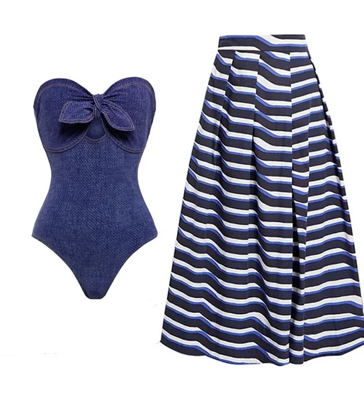 Denim Bandeau One Piece Swimsuit Set