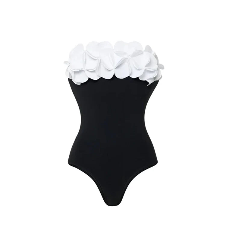 3D Floral Strapless Black Swimsuit