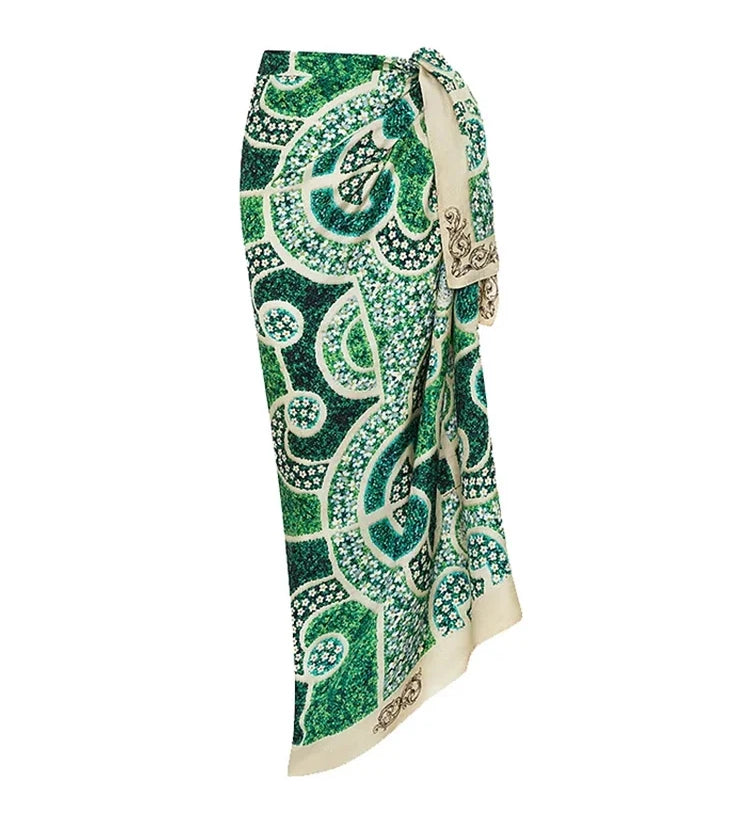 Green Ethnic Print One Piece Swimsuit Set