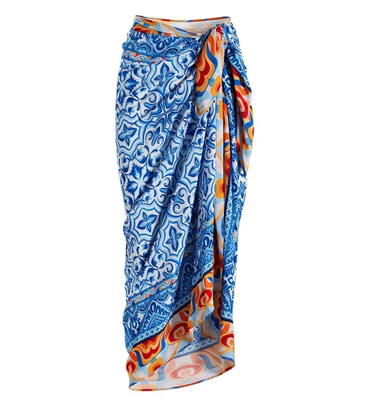 Blue Ethnic Print Swimsuit Set