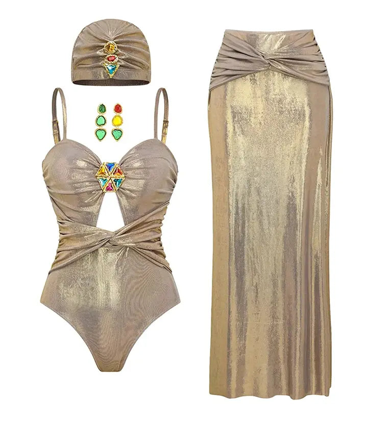 Rhinestone Ruched Shiny One-Piece Swimsuit