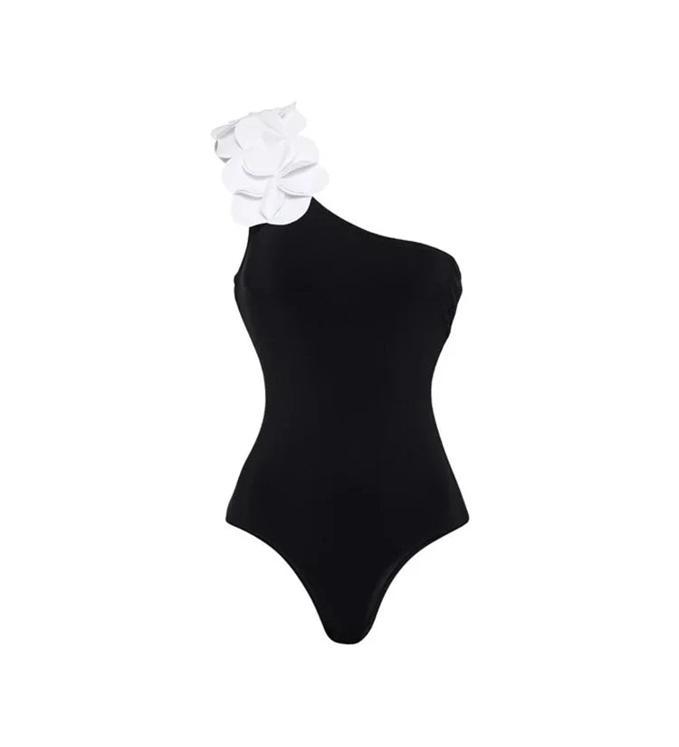 3D Floral One-Shoulder Black Swimsuit