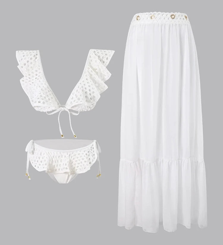 White Fishnet Ruffle Swimsuit Set