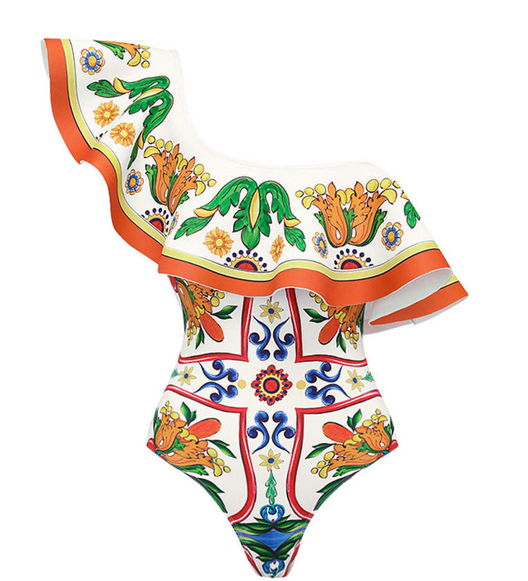 Ruffle Enamel Floral Bikini Swimsuit Set