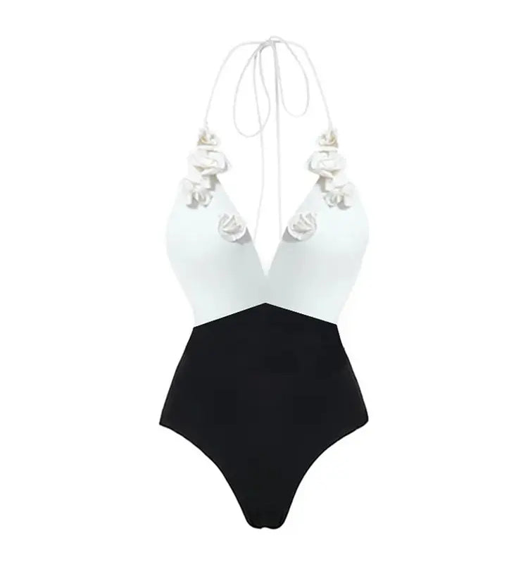 Halter Solid Color Floral Embellished Swimsuit