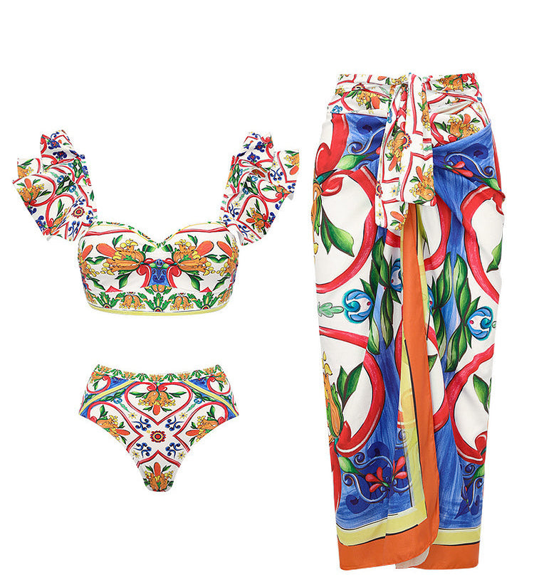 Ruffle Enamel Floral Bikini Swimsuit Set
