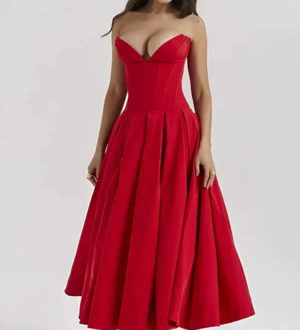Vestido Midi com Corpete Estruturado - Sem Alças