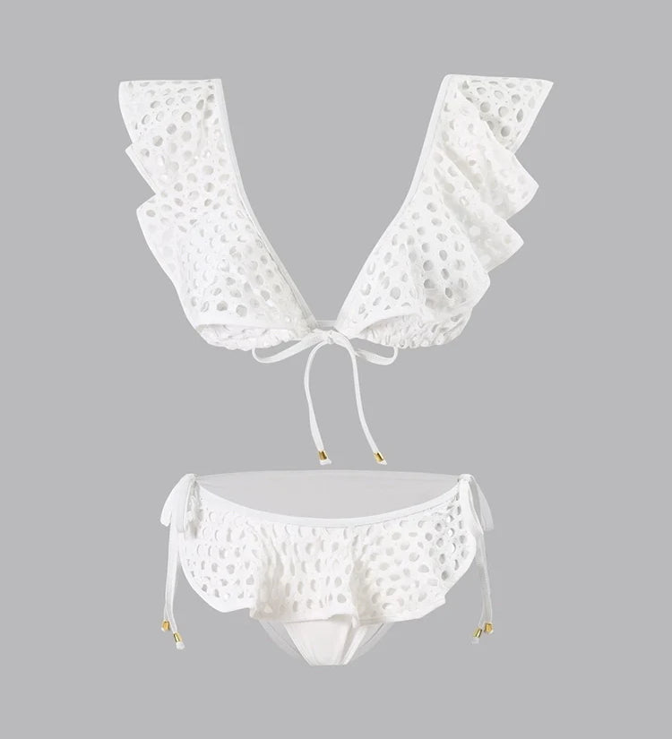 White Fishnet Ruffle Swimsuit Set