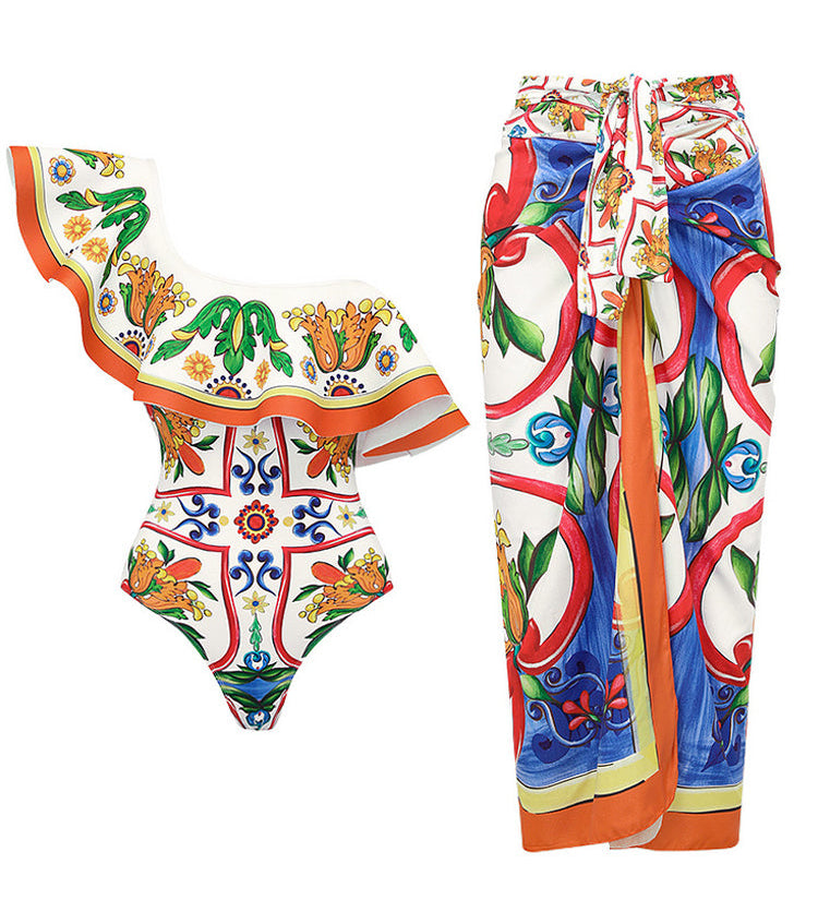 Ruffle Enamel Floral Bikini Swimsuit Set