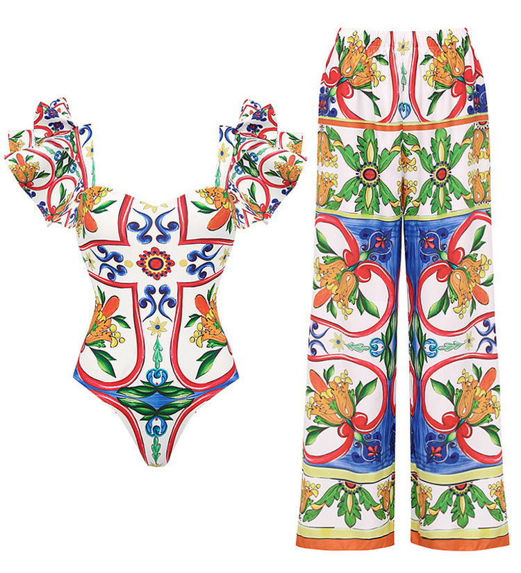 Ruffle Enamel Floral Bikini Swimsuit Set