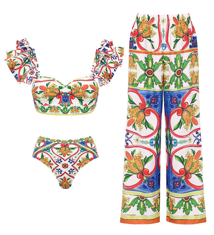 Ruffle Enamel Floral Bikini Swimsuit Set