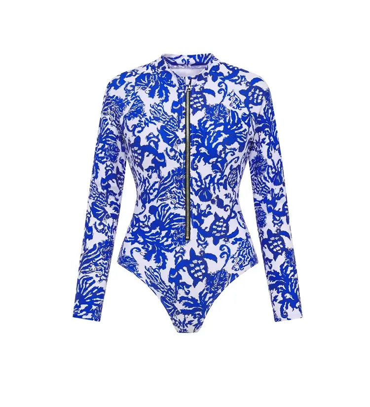 Blue Printed Zip Up Long Sleeve Surf Swimsuit