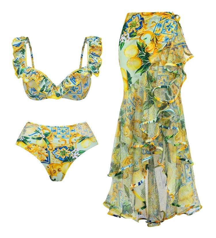 Lemon Print Ruffle Bikini Set
