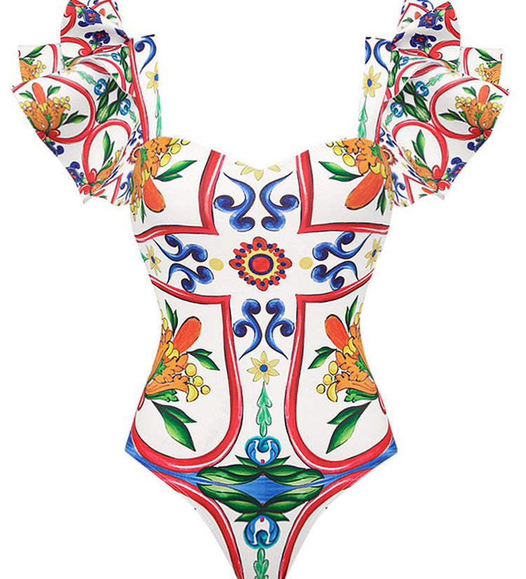Ruffle Enamel Floral Bikini Swimsuit Set