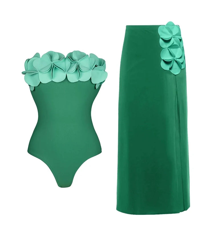 Strapless Green 3D Floral Swimsuit