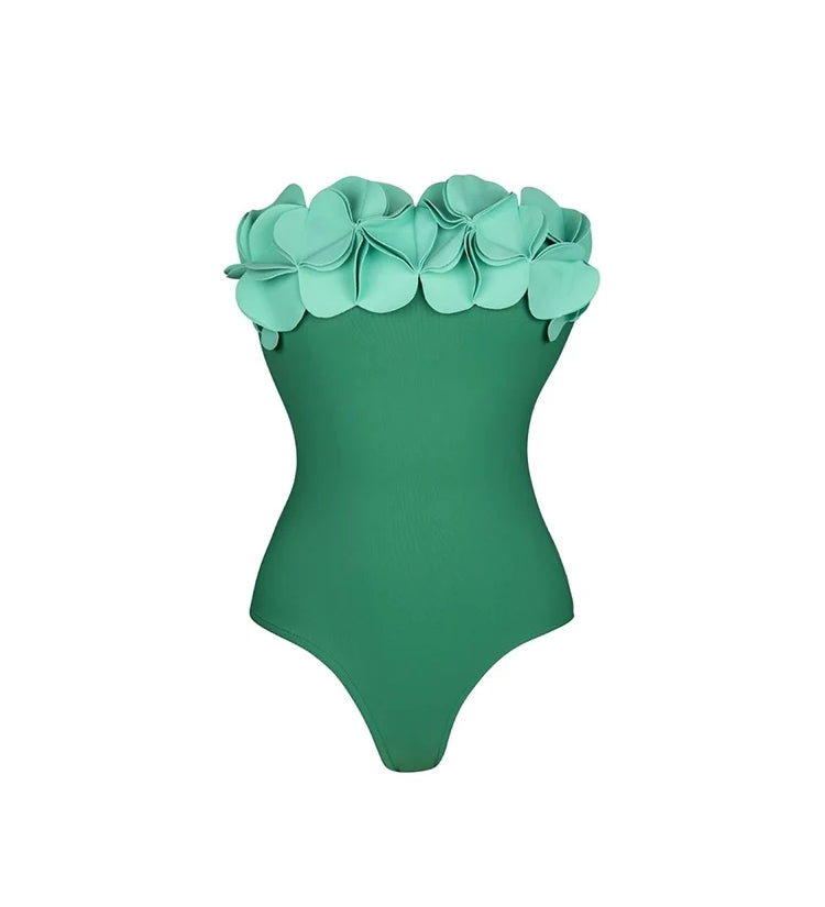 Strapless Green 3D Floral Swimsuit