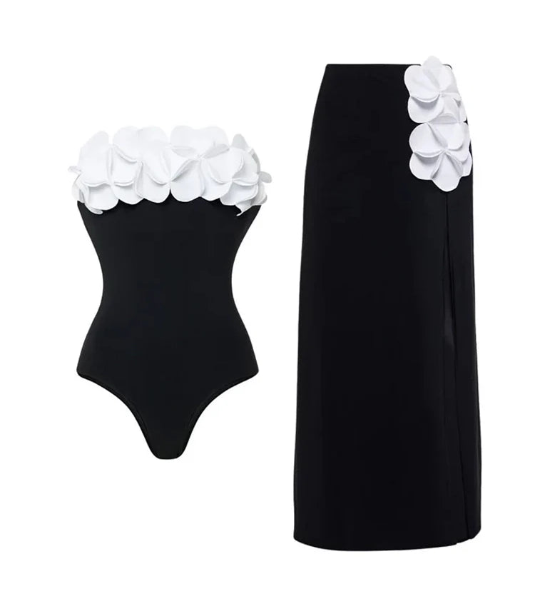 3D Floral Strapless Black Swimsuit