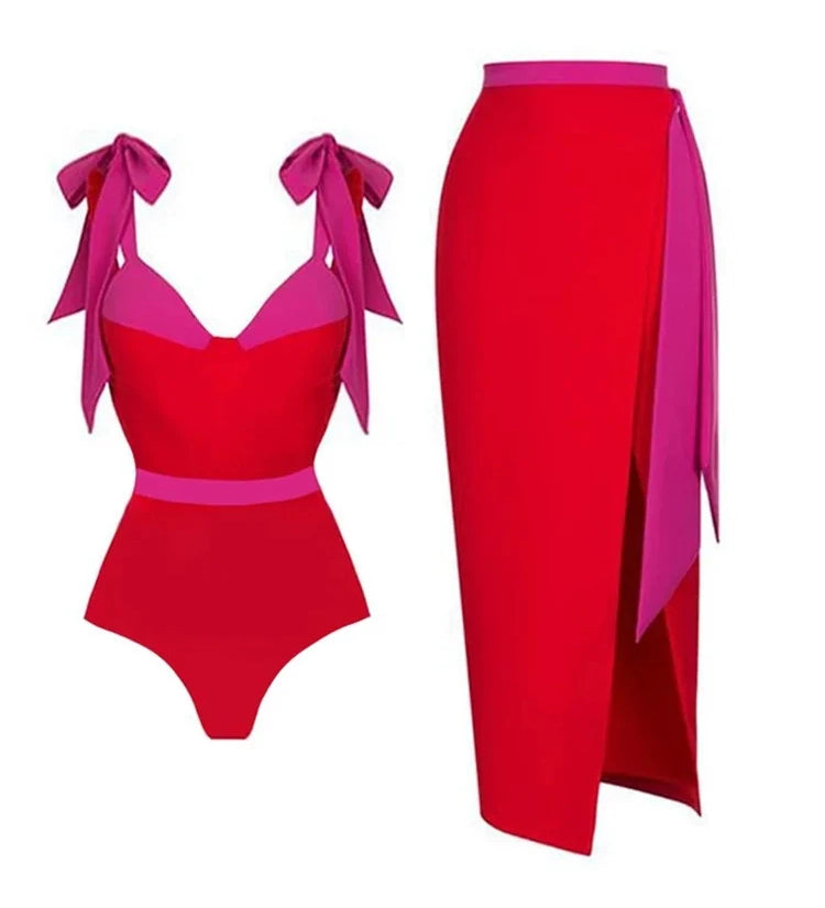 Colorblock Bow Tie Bikini Swimsuit Set