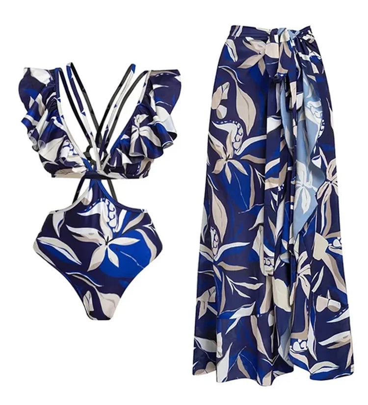 Off-Shoulder Tie-String Printed Cutout Monokini