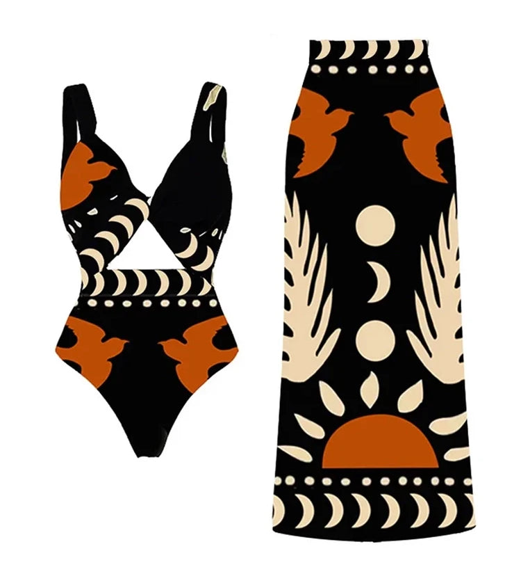Printed One Piece Swimsuit and Bikini Set