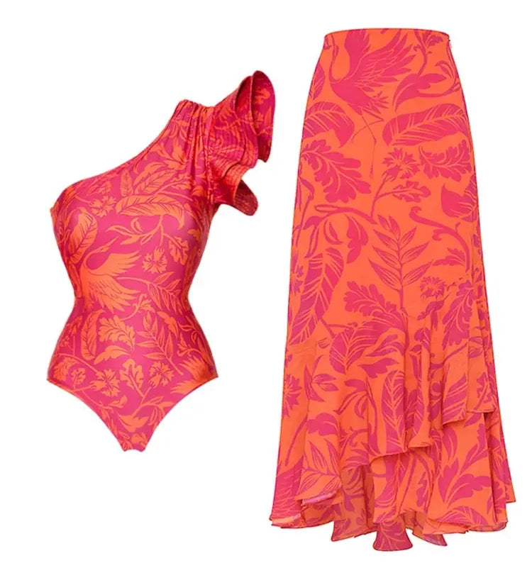 One Shoulder Ruffle Print One Piece Swimsuit Set