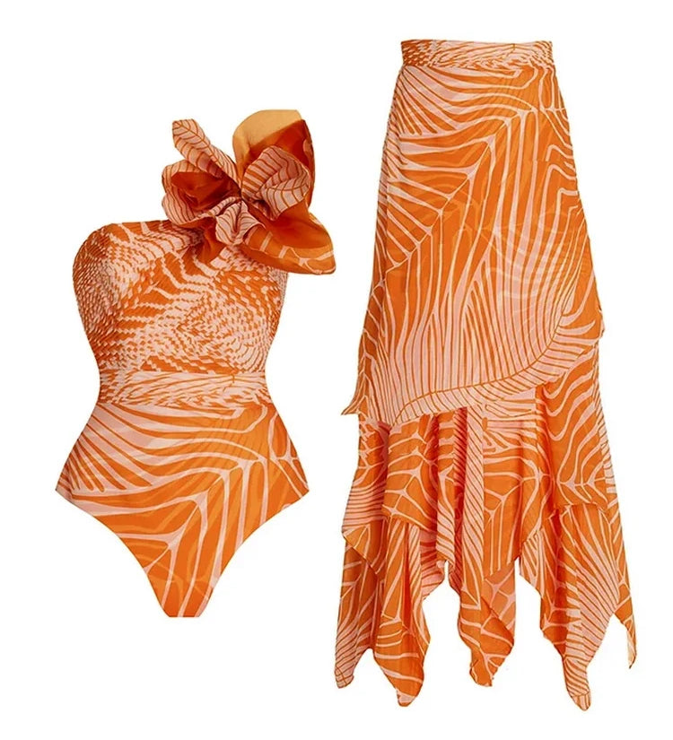 One-Shoulder Floral Salmon Print Swimsuit