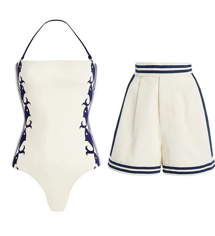 Navy Style One-Piece Swimsuit Set