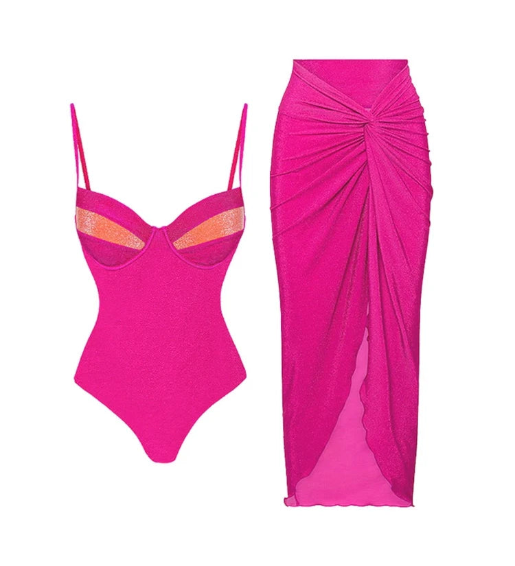 Neon Sexy One-Piece Swimsuit Set