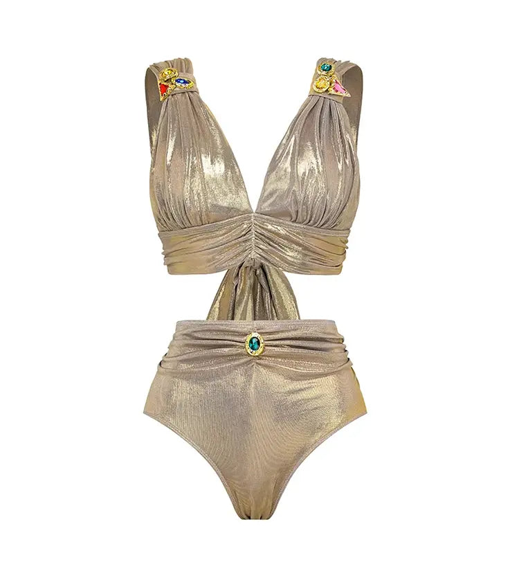 Rhinestone Ruched High-Waist Bikini Set