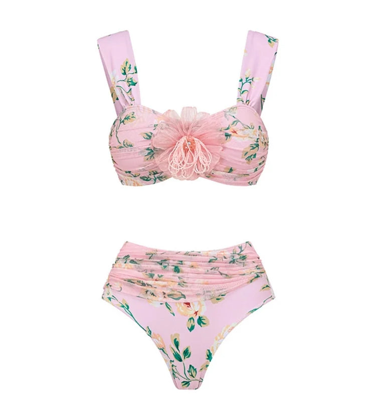 Pink Floral Bikini with 3D Crystal Flowers