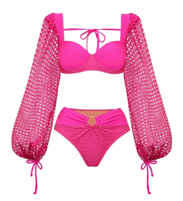 Fluorescent Pink Backless Swimsuit Set