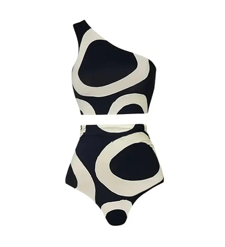 One-Shoulder Colorblock High-Waist Bikini Set