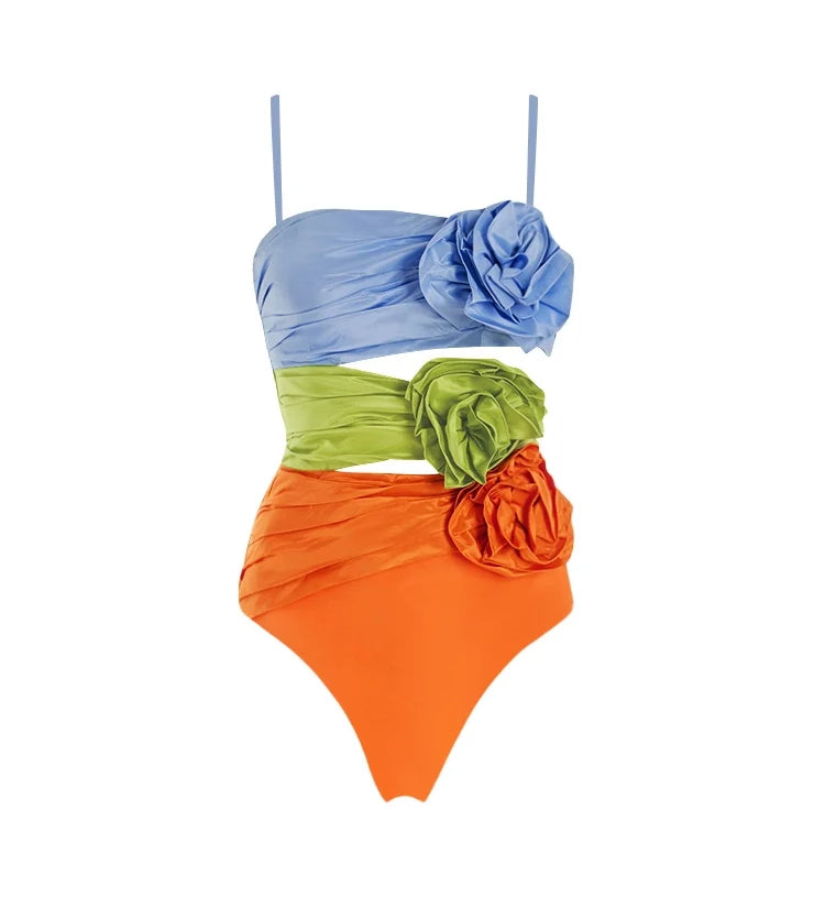 Spaghetti Strap Floral Cutout Colorblock Set