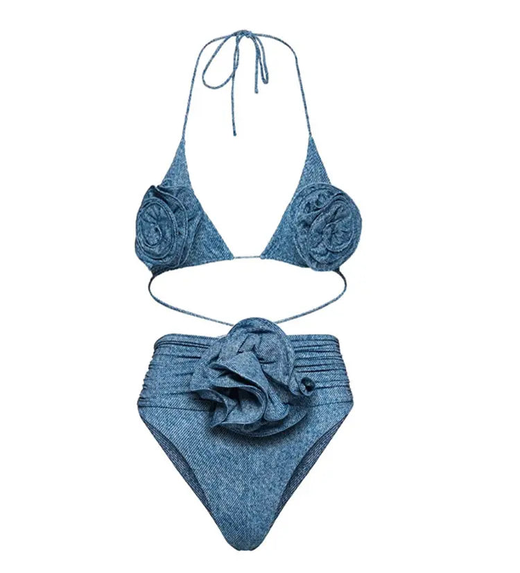 3D Floral Halter Sexy Bikini Set