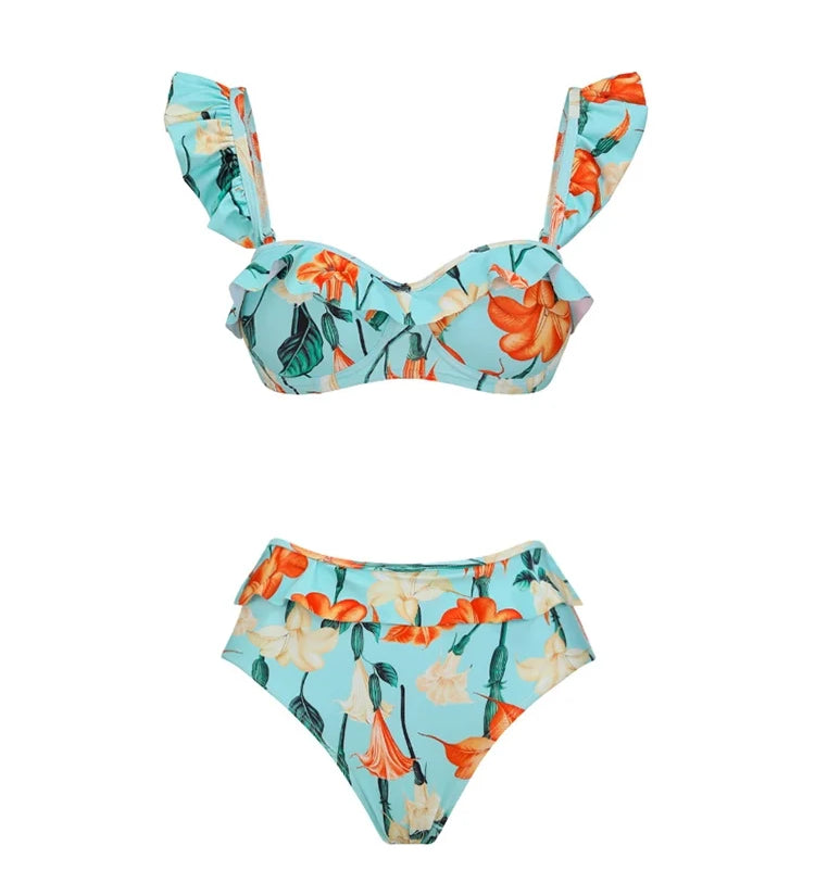 Ruffle Sleeve Trumpet Floral Bikini Set