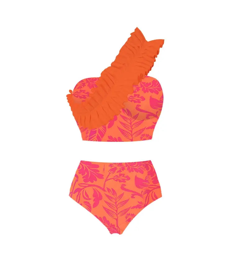 One Shoulder Ruched Print High Waist Bikini Set