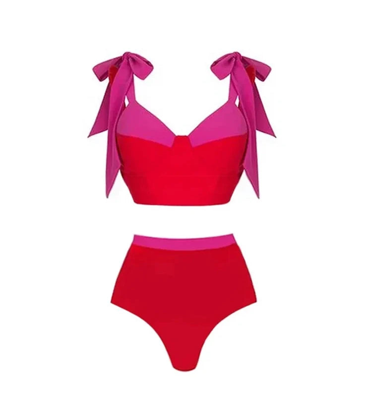 Colorblock Bow Tie Bikini Swimsuit Set
