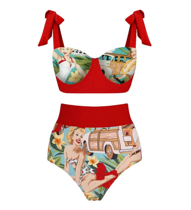 Tie-Front High-Waist Vintage Print Bikini Set