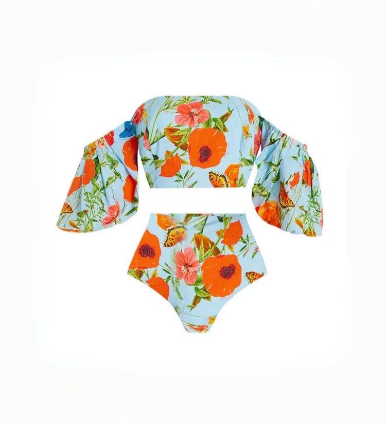 Floral Puff Sleeve High-Waist Bikini Set
